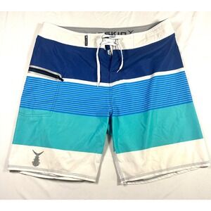 Tunaskin Mens Blue Teal Colorblock Striped Board Shorts Size 34 TSXAFX1133